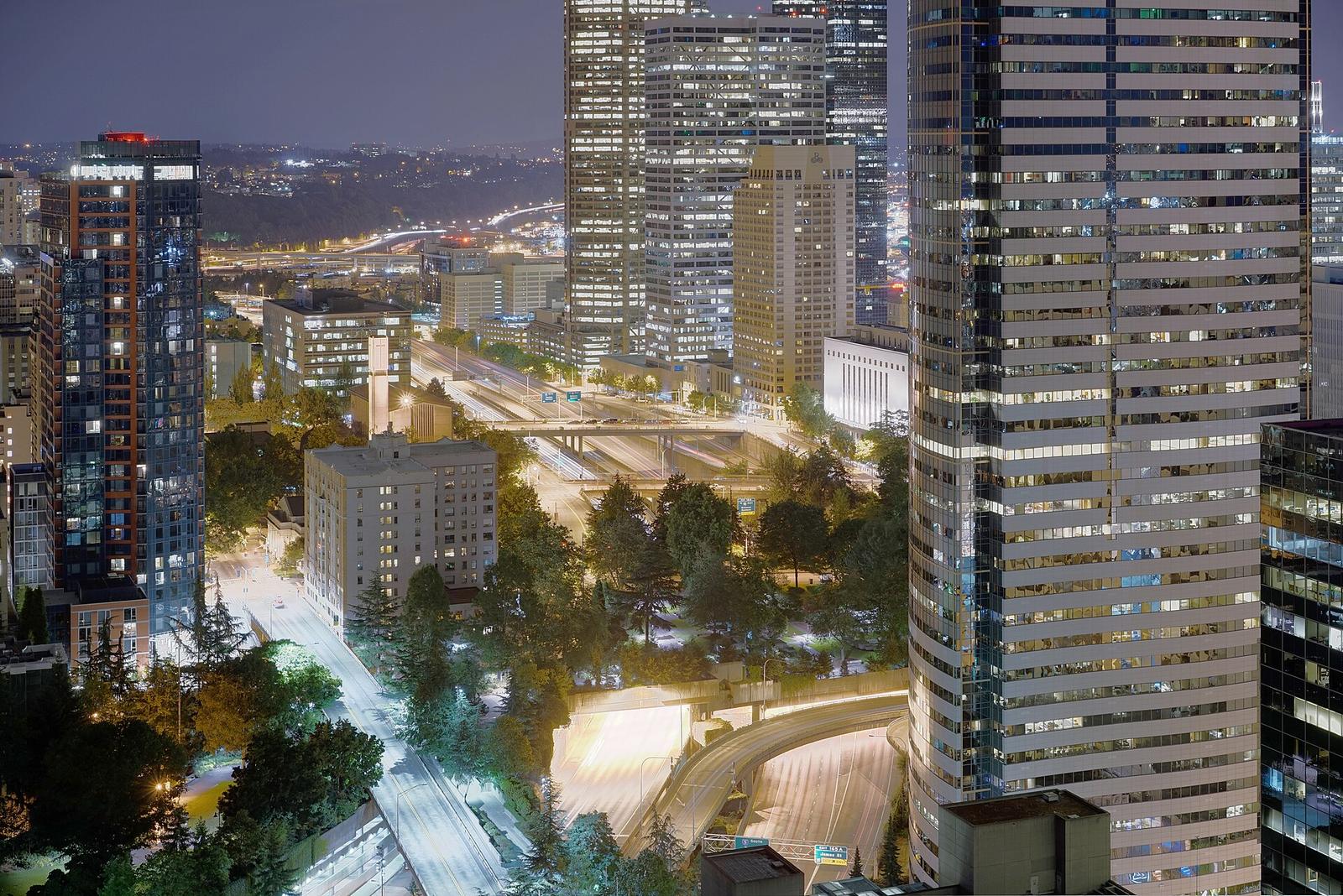 Freeway Park and I-5 at night, looking south from Pine Street and 9th Avenue