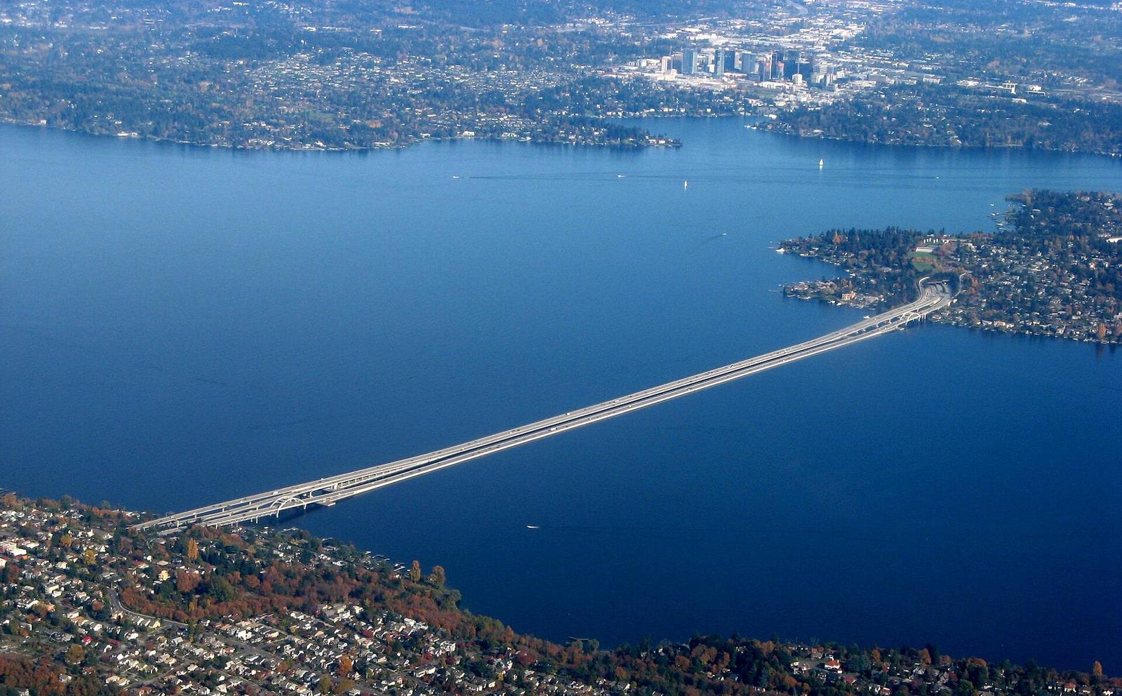 Aerial view of the I-90 floating bridges across Lake Washington to Mercer Island