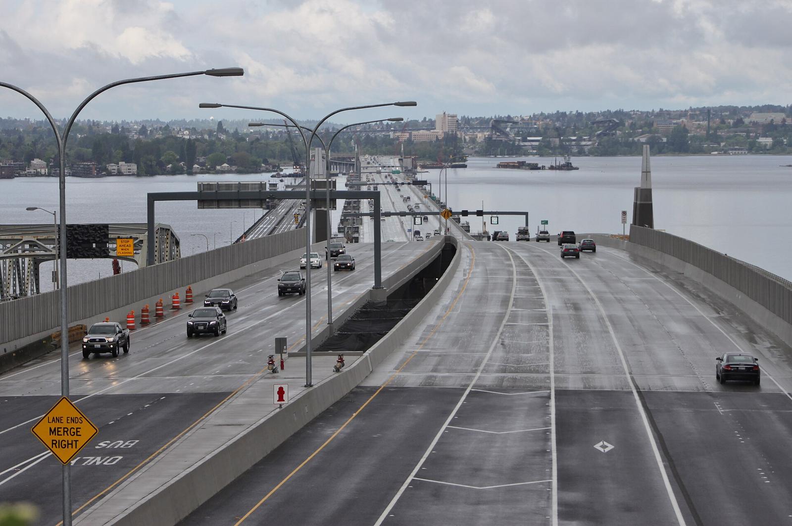 The SR-520 Evergreen Point floating bridge across Lake Washington, seen from its east end
