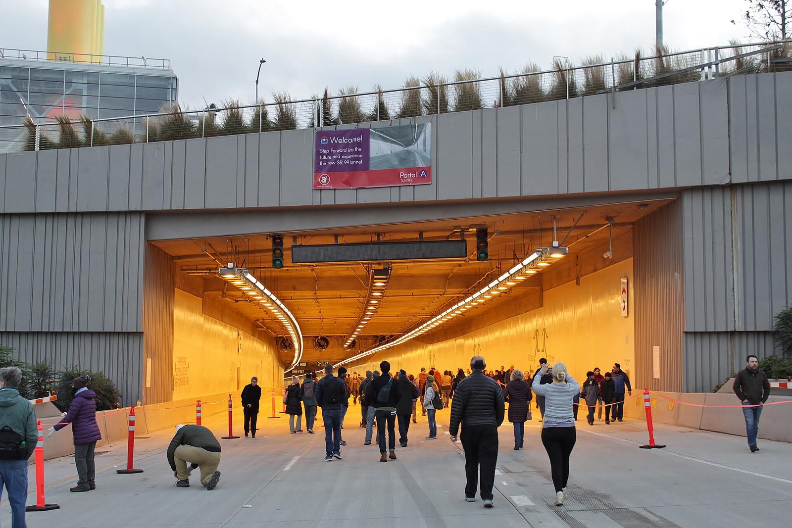 The north portal of the SR-99 tunnel, southbound lanes, on opening day